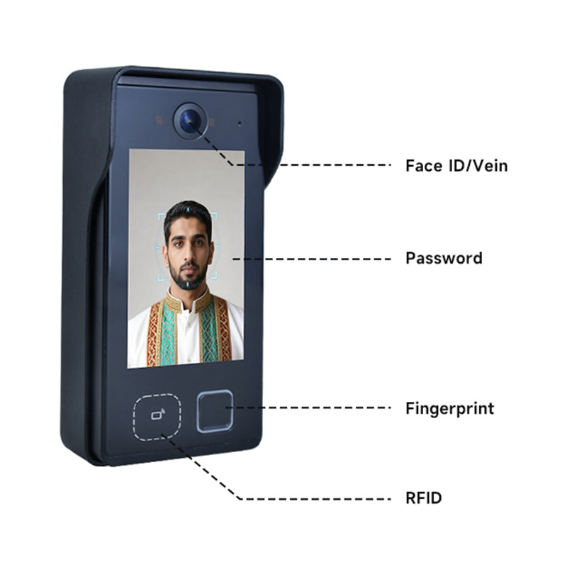 4'' IPS Display Video Door Phone Smart Door Entry System Face Recognition Palm Vein Unlock Waterproof Solar Powered
