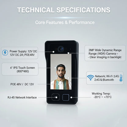 Smart Video Intercom Doorbell with 4" Touch Screen | Face ID, Fingerprint, Palm & Code Entry | PoE & WiFi Access Control